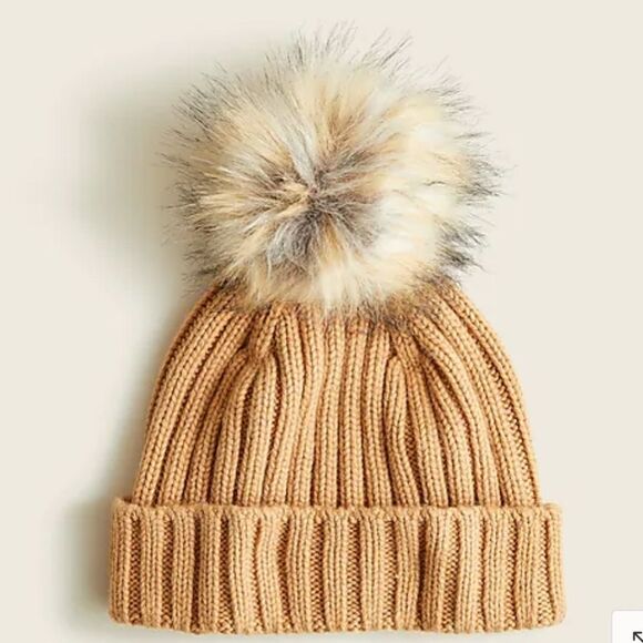 J. Crew Ribbed Knit Faux Fur Pom Pom Beanie in Light Caramel main image 5